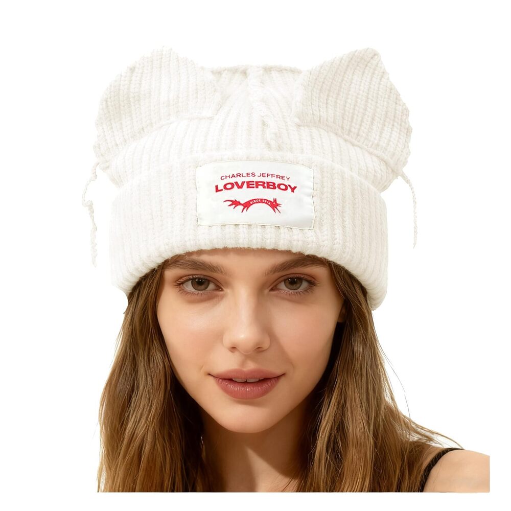 6554 Knitted Beanie Hat Cute Bunny Long Ear Hat Slouchy Cat Ear Hat Crochet